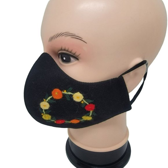 New Cover Face ear loop Women's Black Red Mask Embroidered handmade flower ring - Picture 1 of 6